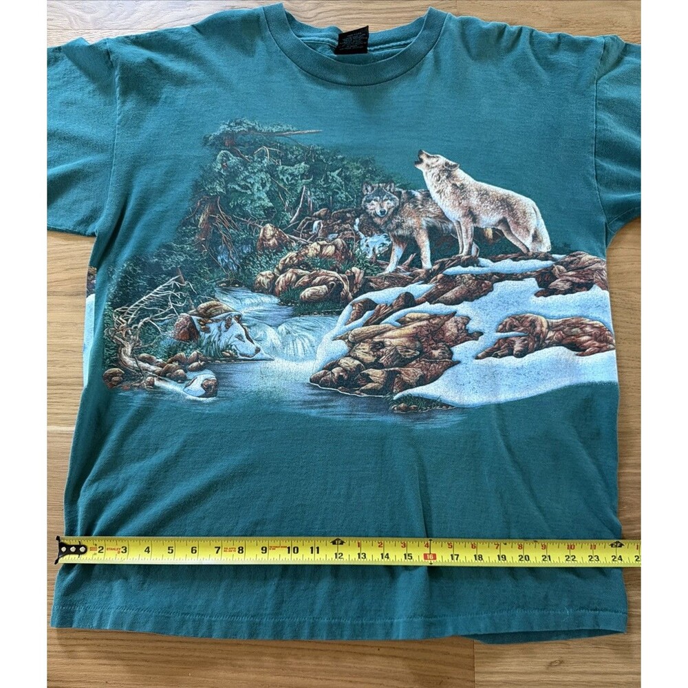 Vtg 90s Wolf Double Sided Graphic Single Stitch Green XL 100% Cotton T Shirt USA - Picture 14 of 16